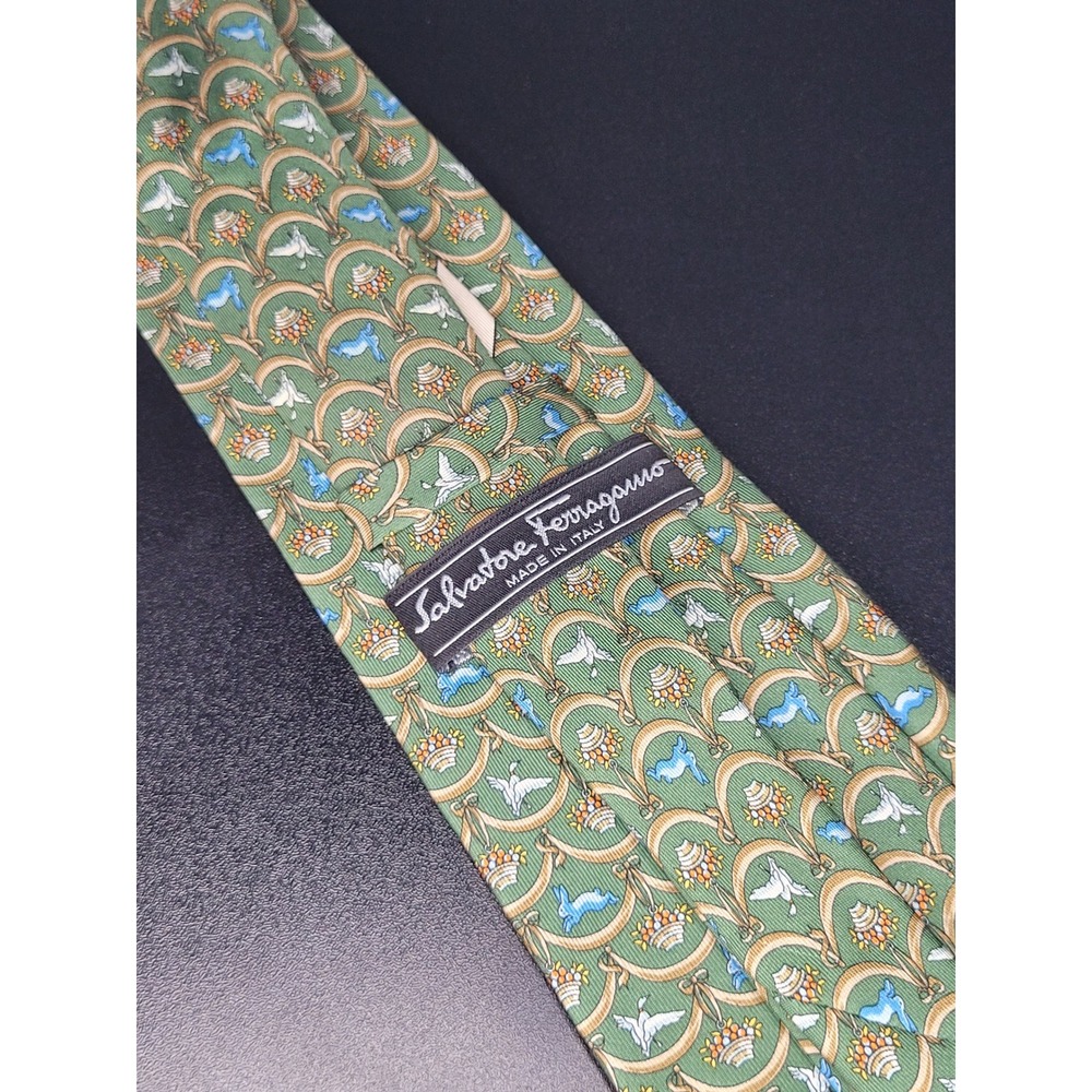 Salvatore Ferragamo Necktie Green Blue White Rabbit Basket Silk Made in Italy